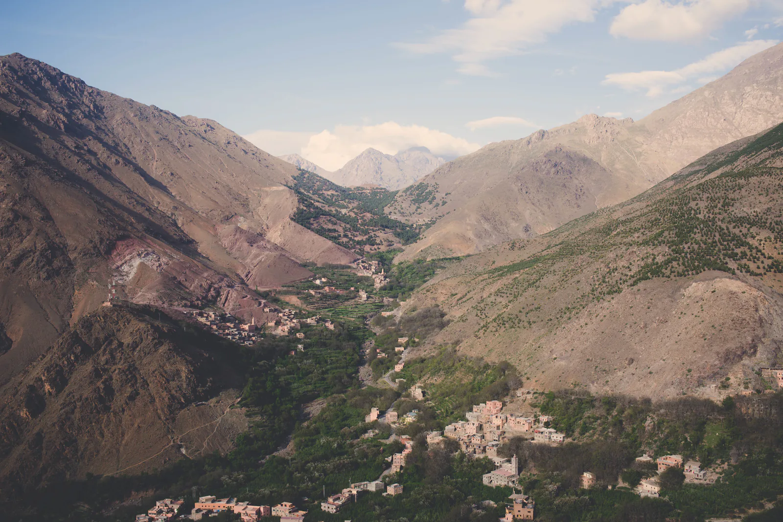 Green valley and villages below the mountains around Imlil
